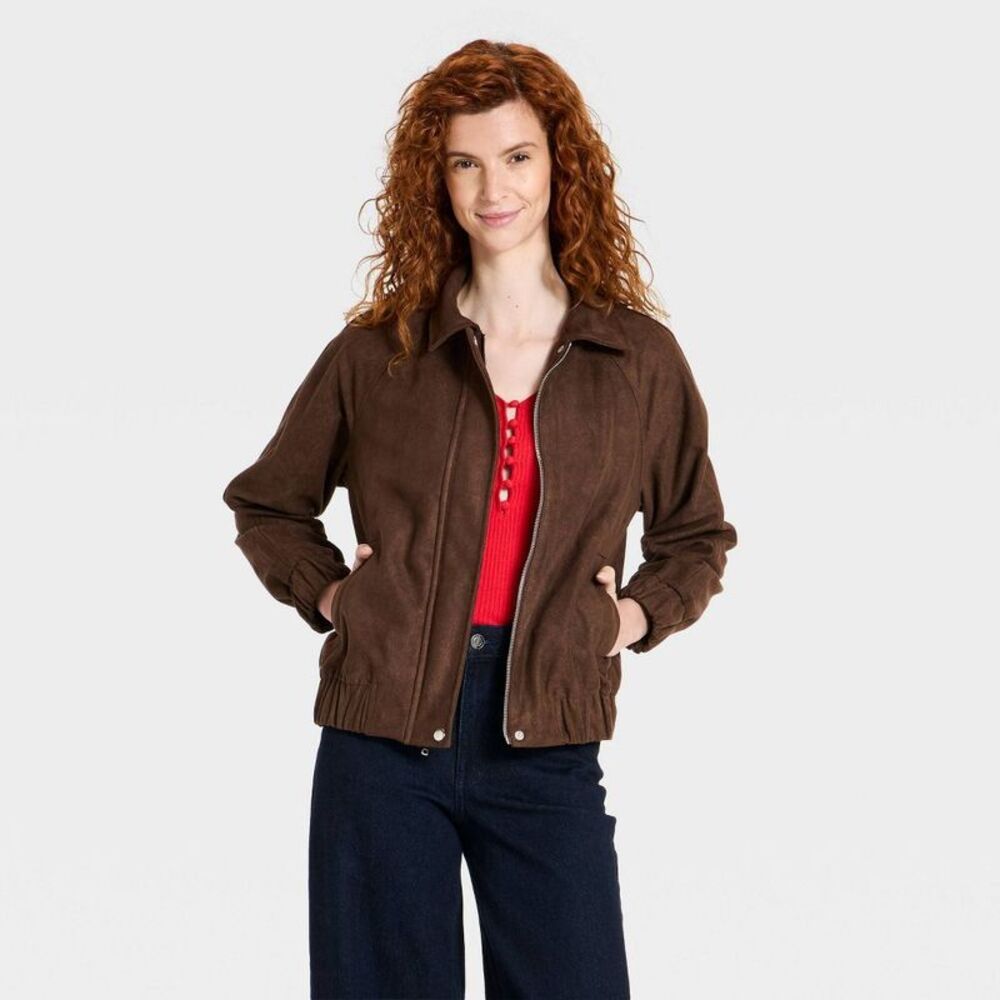 Women's Long Sleeve Zip-Up Faux Suede Jacket - A New Day Dark Brown L